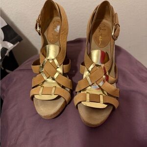 Cole Haan Gold and Tan Wedge Sandals